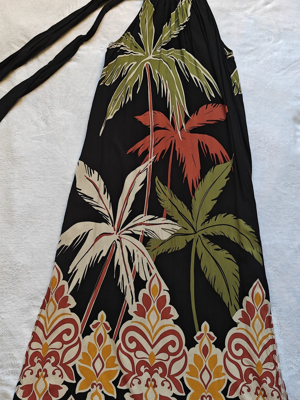 MSK Black Halter Maxi Dress with Tropical Green & Rust Print Rayon L